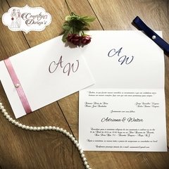 S01 - Simple - Convite com Fita de cetim e pérola para Casamento Aniversário 15 anos Bodas