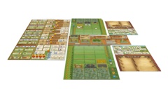 Jogo de tabuleiro Campos de Arle com tabuleiros, cartas e peças organizados sobre a mesa.