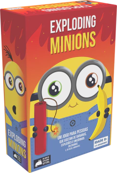 Caixa do jogo de tabuleiro Exploding Minions, com um minion segurando um explosivo e uma banana, apresentando cores vibrantes e ilustrações divertidas.