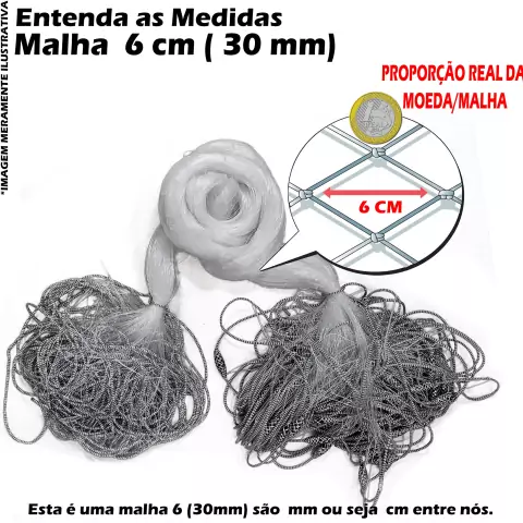 Rede Redinha 10mt Tainha Fio 0,20 Pronta Malha 6cm (30mm) 20X30X48X10M