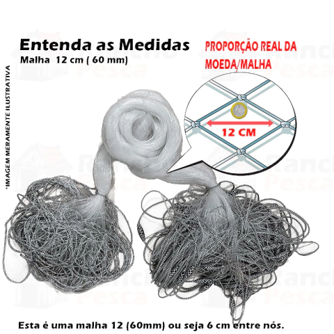 Redinha Pega Peixe Pronta 5M Malha 12cm (60mm) Fio 0.30 Rede Pesca 1,92m Pescaria 30x60x16