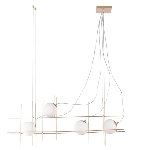 Lustre pendente moderno Dix dourado com design geométrico e esferas brancas. Lustres Gênesis Site online venda de Lustres e Iluminação decorativa