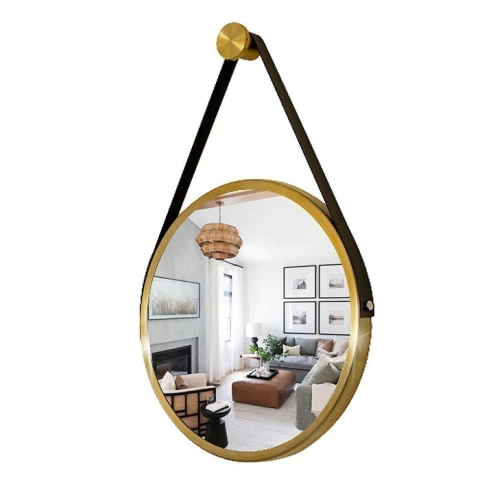 Espelho Moderno Adnet Redondo com alça de couro, exibindo uma sala de estar refletida. Lustres Genesis loja online de Lustres e Iluminação Decorativa