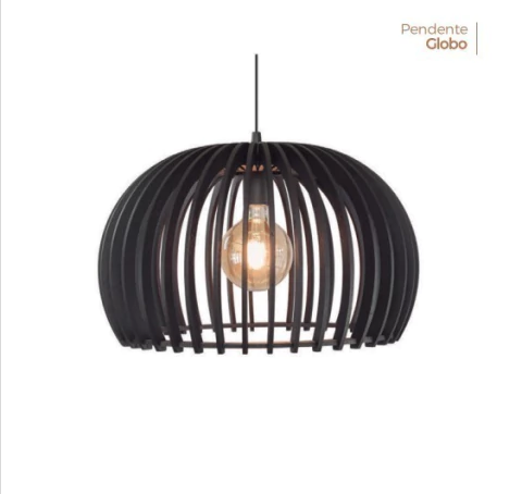 Luminária pendente globo com acabamento em madeira, ideal para decoração de salas, quartos e escritórios. Lustres Gênesis loja online venda de Lustres e Iluminação