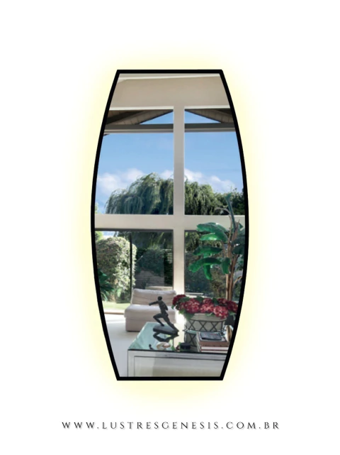 Espelho Moderno com Lente de Acrílico Malaga LED Touch exibindo uma sala de estar com decoração elegante