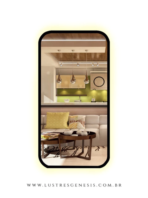 Espelho Moderno Madri com Lente de Acrílico e LED Touch exibindo uma sala de estar elegantemente decorada. Lustres Gênesis Site online venda de Lustres e Iluminação