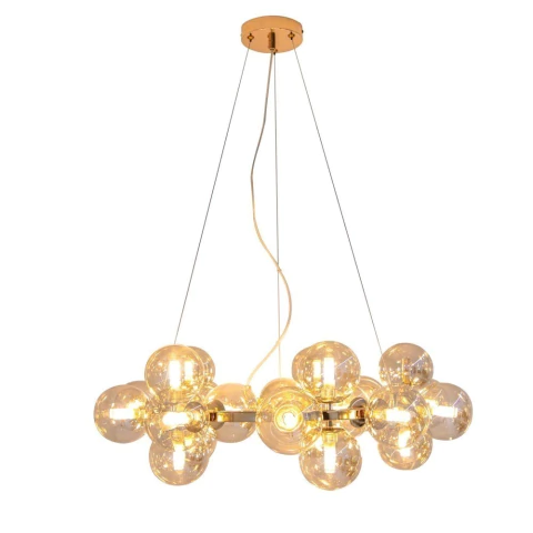 Lustre pendente moderno Halo dourado com design circular e lâmpadas de vidro transparente. Lustres Gênesis Site online venda de Lustres e Iluminação decorativa