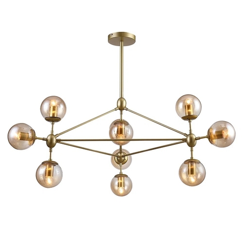 Lustre pendente moderno dourado com design de orbes e lâmpadas expostas, ideal para sala de jantar e ambientes gourmet. Lustres Gênesis Site online venda de Lustres e Iluminação decorativa