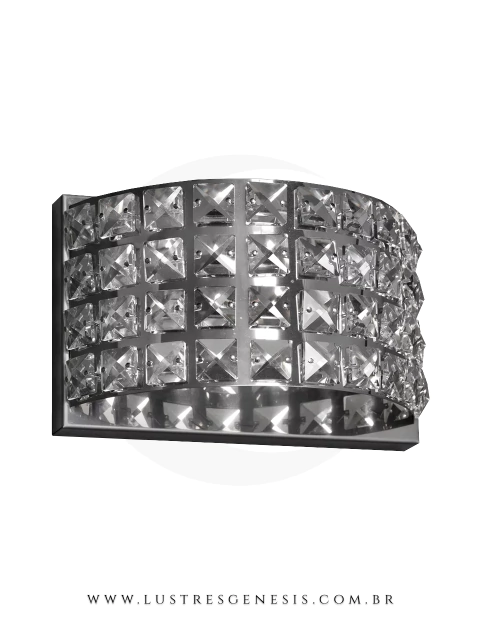 Arandela de cristal retangular em inox com design meia lua, ideal para parede interna.
