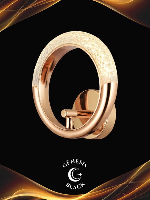 Arandela moderna Palace com LED integrado, acabamento dourado e design circular sofisticado, ideal para quarto, sala de estar e lavabo. Luminárias em Promoção BLACK FRIDAY.