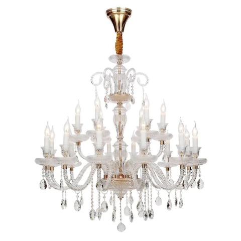 Lustre de cristal Elysee com 18 braços acesos, ideal para casas com pé direito duplo e buffet, da marca Bella Iluminação. Chandelier Lustres Gênesis Site online venda de Lustres e Iluminação decorativa