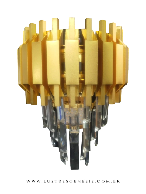 Arandela moderna dourada com detalhes em cristal da Sindora Iluminação Lustres Gênesis loja online venda de Lustres e Iluminação