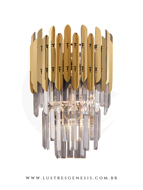 Arandela Lux Contemporâneo Inox Dourado com detalhes em cristal, ideal para decoração de cabeceira de cama, corredores e lavabos.