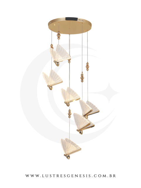 Lustre Pendente Decorativo 6 Borboletas Dourada para Casas com Pé Direito Duplo e Buffet - Sindora • DCD00251-6