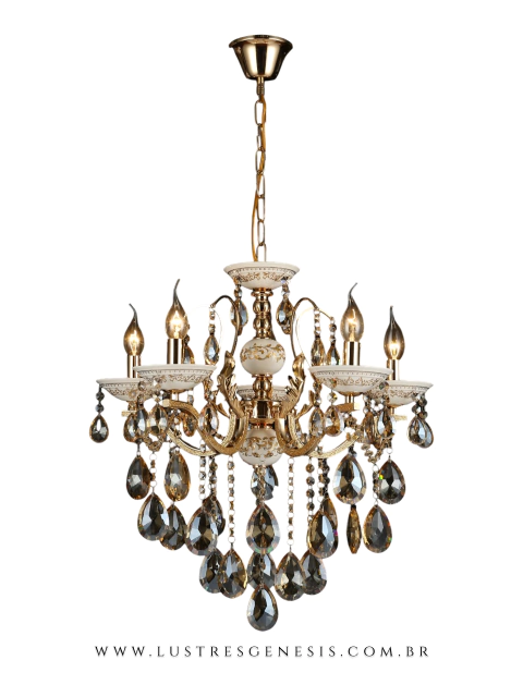Lustre de cristal dourado com 5 braços, modelo Olímpia Clássico.