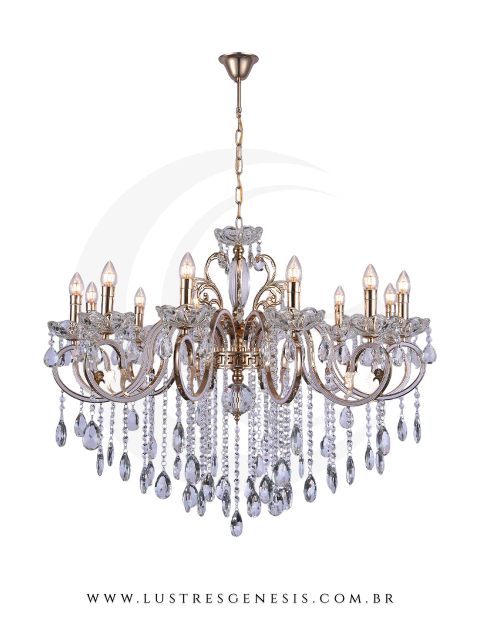 Lustre de Cristal Egito Clássico Dourado 12 Braços para Casas com Pé Direito Duplo e Buffet - Sindora • DCD00480-12