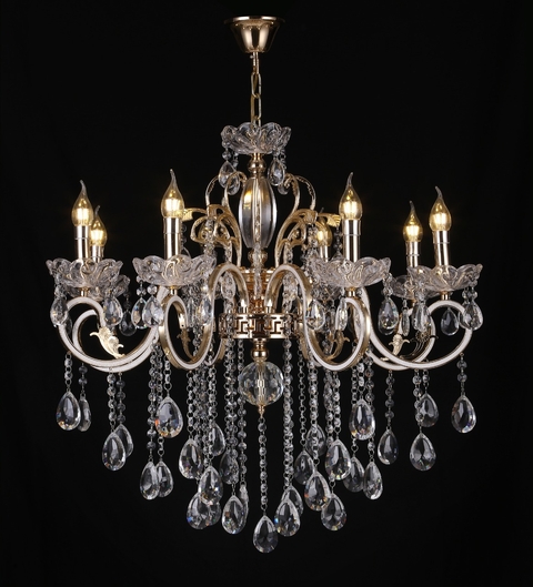 Lustre de cristal dourado com 8 braços e detalhes clássicos, ideal para ambientes com pé direito duplo. Lustres Gênesis Site online venda de Lustres e Iluminação