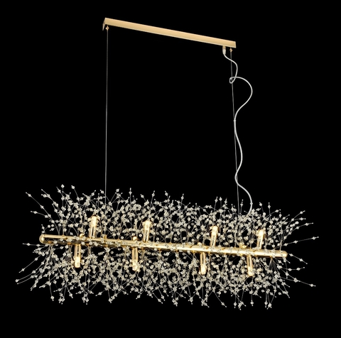 Lustre pendente retangular de cristal moderno com design de dente de leão, em tons dourados, ideal para quartos, sala de estar e sala de jantar. Lustres Gênesis loja online de Lustres e Iluminação Decorativa