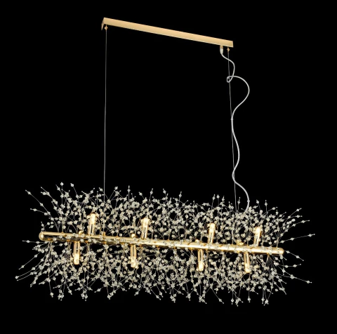 Lustre pendente retangular de cristal moderno com design de dente de leão, em tons dourados, ideal para quartos, sala de estar e sala de jantar. Lustres Gênesis loja online de Lustres e Iluminação Decorativa