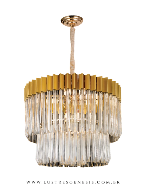 Pendente contemporâneo Riesma de cristal com detalhes dourados para sala de jantar e estar. Lustres Genesis a maior empresa de Lustres e luminarias do Brasil