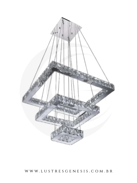 Pendente Aliança 3 Anéis Quadrado de Cristal com LED, ideal para sala de jantar e estar.  Lustres Gênesis Site online venda de Lustres e Iluminação
