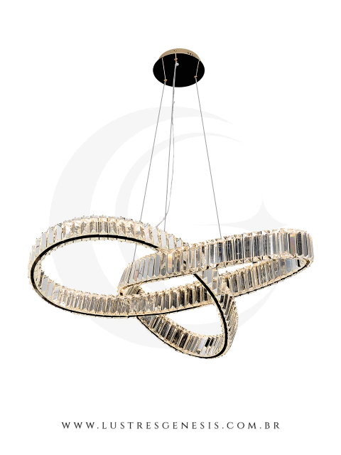 Pendente de cristal Loop dourado com LED quente, design moderno, ideal para sala de jantar, sala de estar e quartos.  Lustres Gênesis Site online venda de Lustres e Iluminação