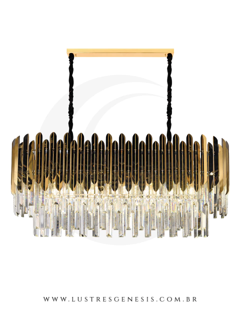 Lustre pendente de cristal retangular dourado, modelo Lux 75x35, ideal para sala de jantar, quarto ou espaços comerciais.