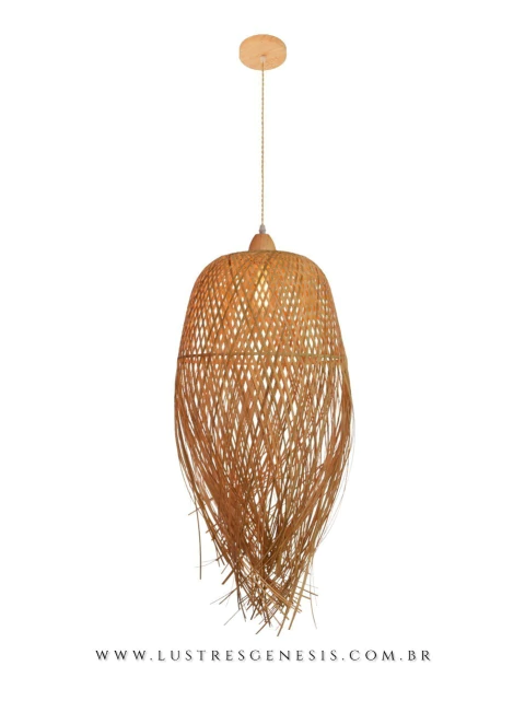 Pendente Taiti de palha com detalhes em madeira, ideal para mesas, balcão de cozinha e áreas gourmet. Lustres Gênesis Site online venda de Lustres e Iluminação