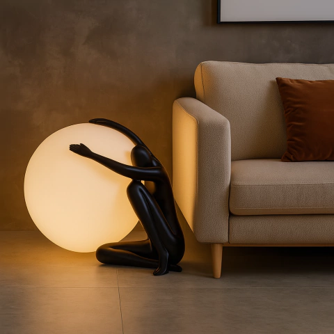 Abajur Gaya preto fosco com cúpula de vidro leitoso em formato de esfera ao lado de um sofá bege em ambiente moderno.