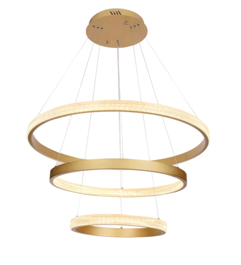 Lustre pendente moderno de cristal com três anéis dourados, ideal para quartos, sala de jantar e sala de estar. Lustres Gênesis loja online de Lustres e Iluminação Decorativa