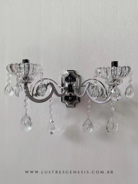 Arandela de parede cromada com cristais transparentes Geogia/2 para quarto, cabeceira de cama, lavabo e quarto infantil. 