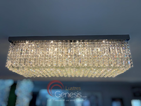 Lustre pendente de cristal retangular Zangcham 100x40 dourado iluminado em ambiente interno. Lustres Gênesis loja online de Lustres e Iluminação Decorativa