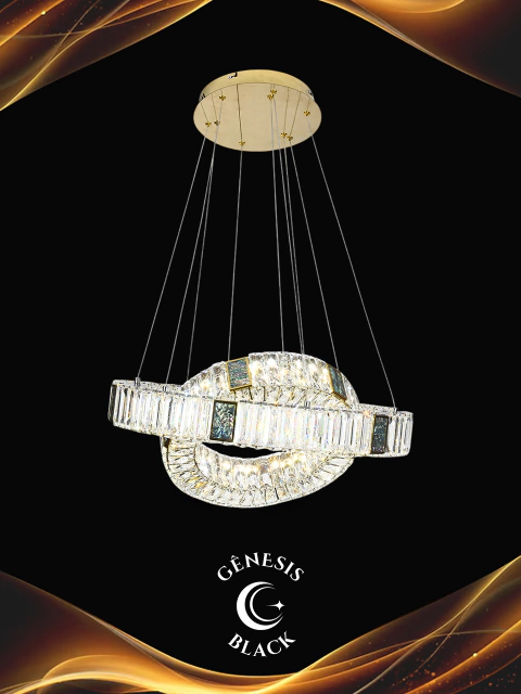 Lustre pendente Aliança Duplo de Cristal Vortex da Sindora, ideal para sala de jantar, sala de estar e quartos, com design sofisticado em cristal e acabamento dourado. Luminárias em Promoção BLACK FRIDAY.