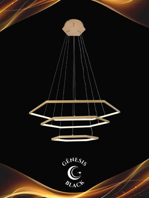 Lustre pendente Aliance Hexagonal 3 LED dourado fosco, design moderno, indicado para sala de jantar, estar ou quartos, da marca Sindora, coleção Gênesis Black. Luminárias em promoção BLACK FRIDAY Lustres em Promoção