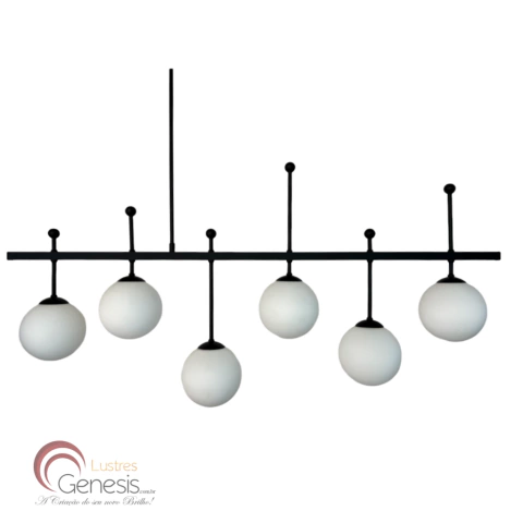 Lustre Pendente Moderno Asta com 6 globos brancos, ideal para sala de jantar e ambientes gourmet. Lustres Gêneis loja online de Lustres e Iluminação Decorativa