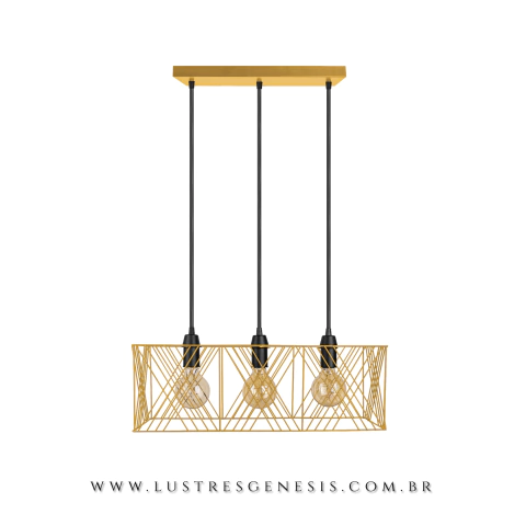 Lustre pendente Ápia/3 dourado, design moderno com três lâmpadas, ideal para sala de jantar e outros ambientes. Lustres Gênesis Site online venda de Lustres e Iluminação