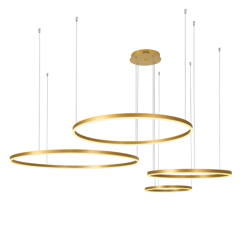 Lustre pendente 4 Rings Alianças douradas, design moderno em LED, para sala de jantar e estar. Lustres Gênesis loja online de Lustres e Iluminação Decorativa