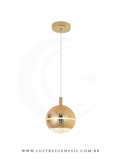 Pendente de LED dourado brilhante modelo Pearl, com design esférico texturizado, ideal para cabeceira de cama, balcão de cozinha e quartos de casal.