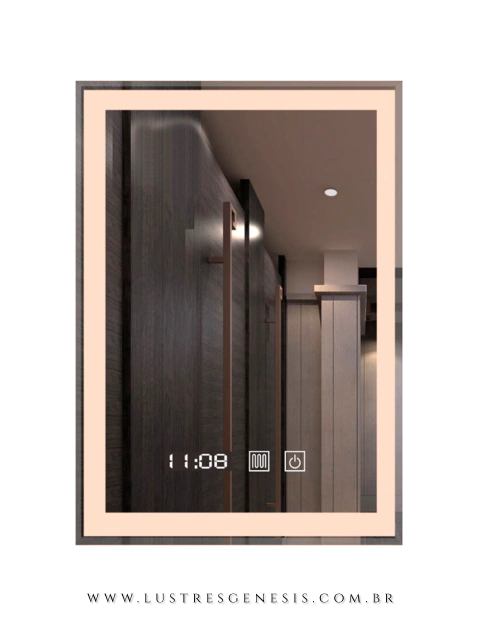 Espelho moderno retangular com touch screen e iluminação LED, com mostrador digital. Lustres Gênesis Site online venda de Lustres e Iluminação