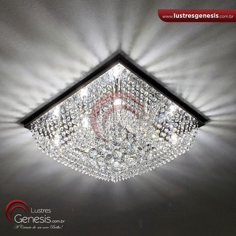 Lustre de cristal Zecor quadrado 50x50 iluminado, ideal para sala de jantar. Lustres Gênesis loja online de Lustres e Iluminação Decorativa