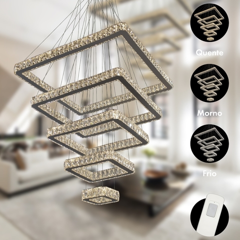 Lustre Pendente de cristal LED com cinco anéis quadrados, ideal para pé direito duplo e alto, disponível em tonalidades de luz quente, morna e fria. Lustres Gênesis loja online de Lustres e Iluminação Decorativa