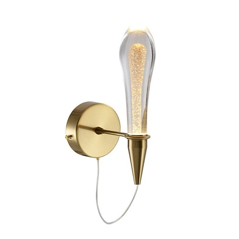 Arandela Mini Aimee Gota moderna dourada com tubo de cristal e LED integrado, ideal para quarto, sala, escada, cabeceira de cama e lavabos.