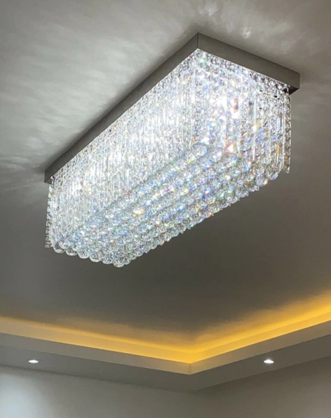 Lustre de Cristal Retangular Zangcham com placas, ideal para sala de jantar e sala de estar. Lustres Gênesis loja online de Lustres e Iluminação Decorativa