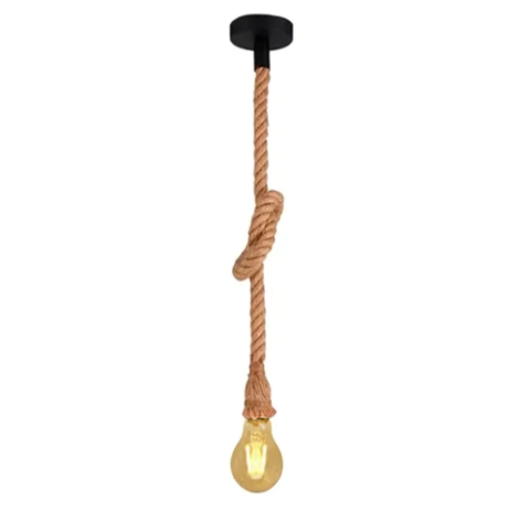 Pendente rústico de corda com lâmpada, ideal para áreas gourmet, lavabos e salas. Lustres Gênesis loja online de Lustres e Iluminação Decorativa