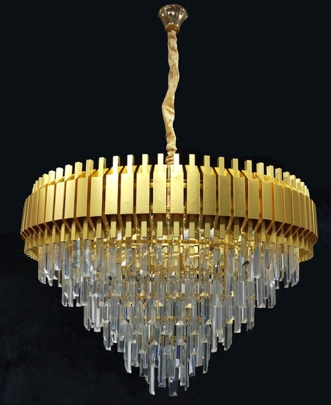 Lustre pendente de cristal redondo dourado com design luxuoso, ideal para sala de jantar. Lustres Gênesis Site online venda de Lustres e Iluminação