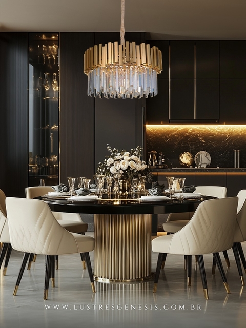 Pendente dourado Talum Ø52cm de cristal contemporâneo iluminando sala de jantar sofisticada com mesa redonda e cadeiras estofadas.