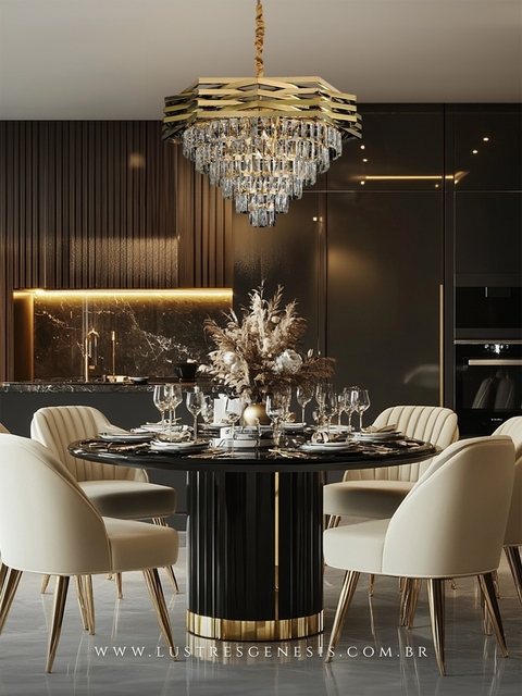 Lustre pendente Flair com detalhes dourados em uma sala de jantar elegante.
