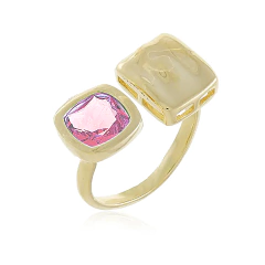 Anel Quadrado Orgânico com Pedra Rosa Ajustável Folheado a Ouro 18K - comprar online