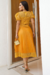 Vestido Longuete,Cor Amarelo, Plissado,Tecido Renda Arrastão com saia em Malha 