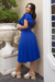 Vestido Midi,Cor Azul,Tecido em Crepe Plissado, Malha Paris